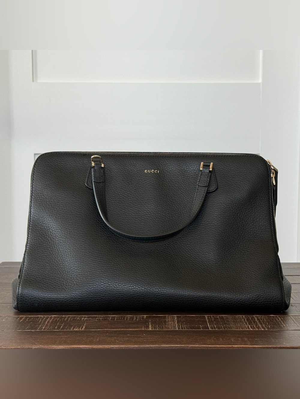 Gucci Black Pebbled Leather Duffel with Gold Hardware